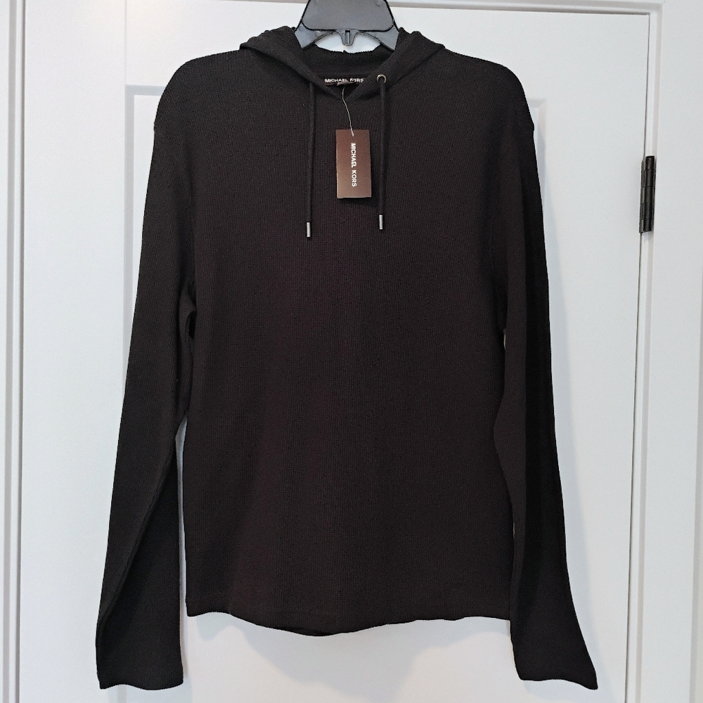 NWT S Michael Kors Black Long Sleeve Waffle Knit Hoodie Shirt NEW